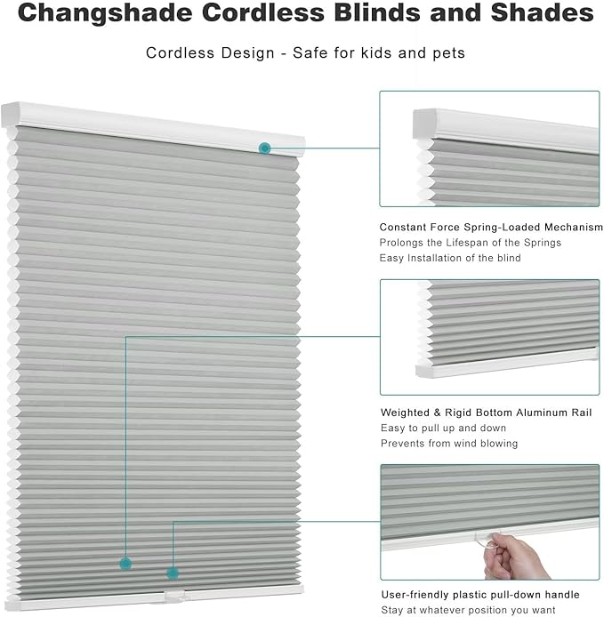 Changshade Cordless Cellular Shades, Light Filtering Honeycomb Shades for Windows, Pull Down Pleated Blinds, Easy to Install for Indoor Windows and French Doors,35.5" W x 72" H, Grey