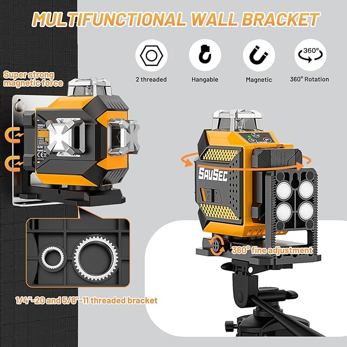 Laser Level 360 self leveling, SAVSEC 3 x 360° Brightness Adjustable Lazer Leveler Tool, 3D Rechargeable Green Cross Line Laser for Construction and Picture Hanging - Magnetic Fine-adjust Wall Bracket