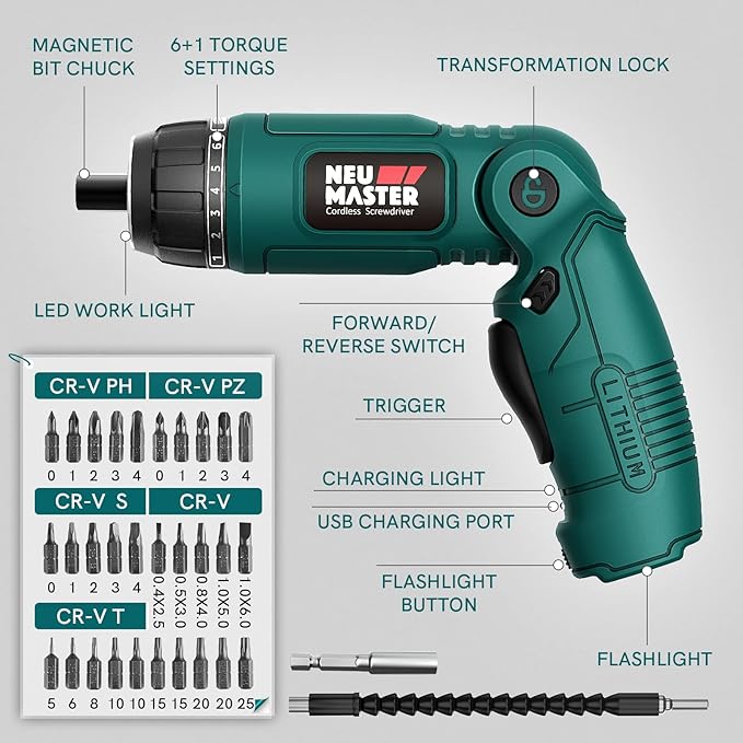 NEU MASTER Cordless Screwdriver, 4V Electric Screwdriver Rechargeable Power Screwdriver With Pivoting Handle, Front And Rear LED light, 32pcs Bits, 6+1 Torque Setting, 2000 mAh Battery Screwdriver