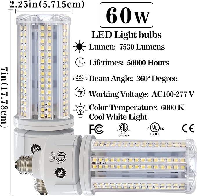 NS LED Corn Light Bulbs, 60W 7530 Lumens, 6000K Cool White, E26 Base, 2-Pack