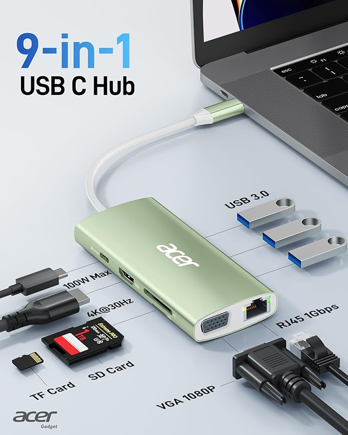Acer USB C Hub with 4K HDMI, 9-in-1 USB C to Ethernet Adapter, 5Gbps USBA 3.0 Docking Station, VGA Splitter, SD Card Reader, PD 100W Charging for MacBook, Acer, Laptops, Surface and More (Green)