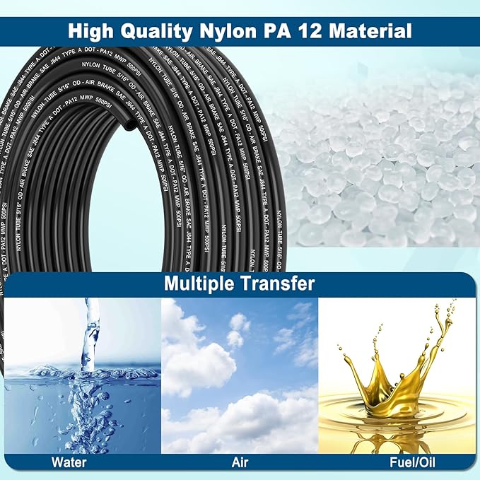 35FT 5/16 DOT Air Line SAE J844 PA12 Nylon Air Hose with Cutter 5/16” OD Pneumatic Tubing DOT Approved 5/16 Air Brake Hose for Air Suspension Kit Truck Trailer Brake System & Fluid Transfer 11m