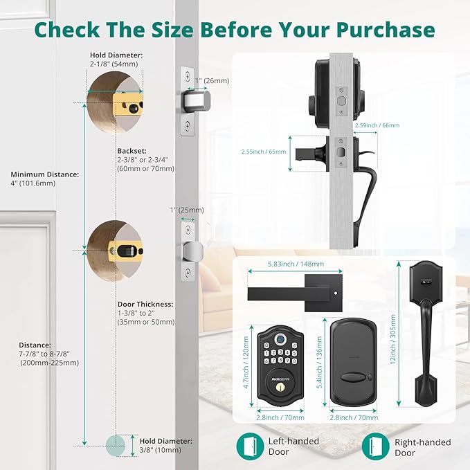 DS10 Keyless Entry Door Locks - Keypad Lock with Handle Set, Fingerprint Deadbolt, Smart Locks for Front Doors, Auto-Lock & One Touch Locking, 2 Keys, Easy Installation