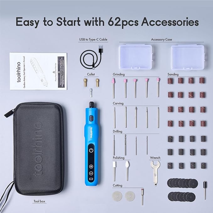 Cordless Rotary Tool Kit, 3.7V Wood Carving Tools with 5 Speed and 62 Accessories, Multi-Purpose Mini Rotary Tool for Sanding, Cutting, Engraving, Drilling, Polishing, DIY Creations, Blue
