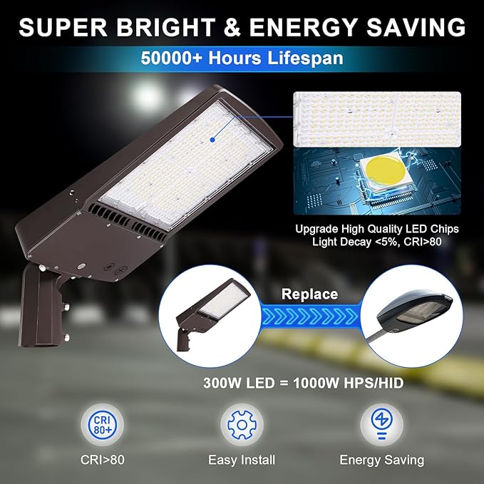 300W LED Parking Lot Light, 42000LM(140lm/w) LED Shoebox Area Light(1000W HID/HPS Equivalent), 5700K Dimmable Outdoor Commercial Street Lighting -10KV Surge Protection IP65 100-277V UL DLC Listed
