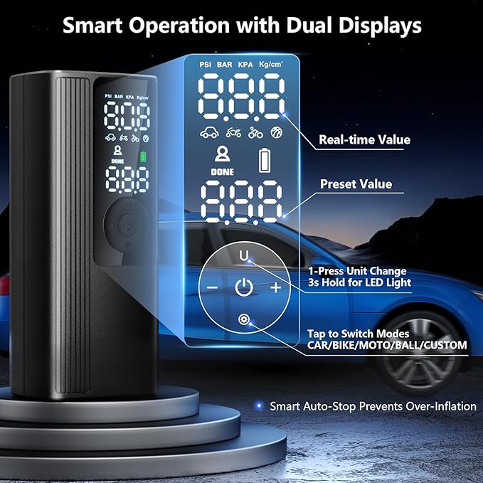 Tire Inflator Portable Air Compressor, 3X Faster Inflation Cordless Air Pump for Car Tires with Digital Pressure Gauge/LED Light, 150PSI Tire Pump with Auto Shut-Off for Car, Motorcycle, Bicycle, Ball