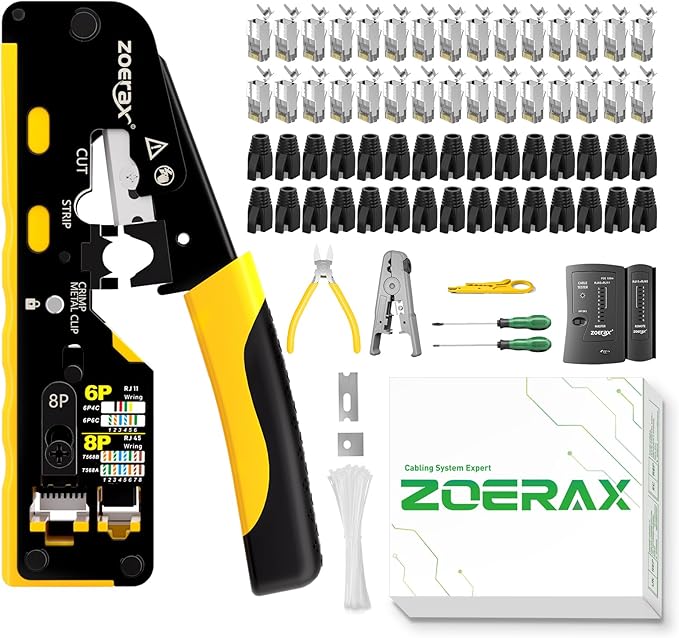 Cat7 RJ45 Crimping Tool, Ethernet Crimping Tool Kit With Cat 7 Cat6A RJ45 Connectors, Ethernet Crimper RJ45 Pass Through Crimp Tool RJ45 Crimp Tool Kit