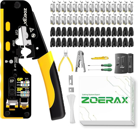 Cat7 RJ45 Crimping Tool, Ethernet Crimping Tool Kit With Cat 7 Cat6A RJ45 Connectors, Ethernet Crimper RJ45 Pass Through Crimp Tool RJ45 Crimp Tool Kit