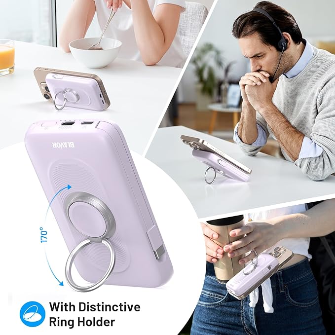 BLAVOR for Magsafe Portable Charger with Built-in Cables, PD 20W Fast Charging,10000mAh Magnetic Wireless Power Bank, Battery Pack with Stand for iPhone 15/14/13/12,Powerbank for Apple Watch(Purple)
