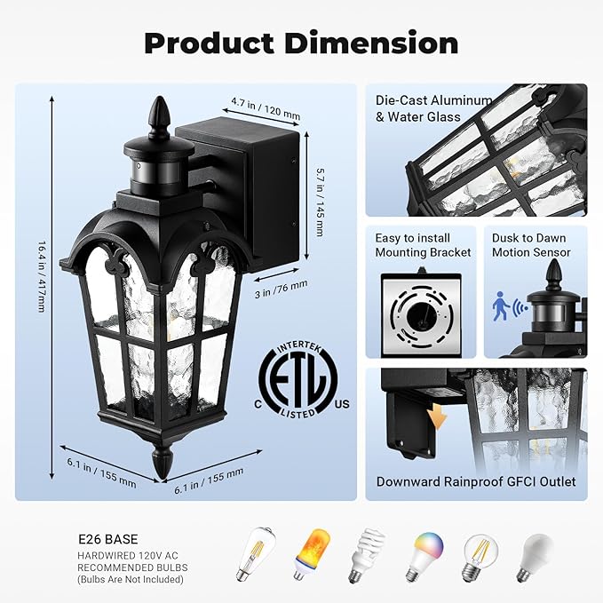 Black Outdoor Patio Lights with GFCI Outlet 2-Pack, Upgraded Motion Sensor Outside Lighting with Water Ripple Glass, Dawn to Dusk Outdoor Light Fixture for House, Garage, Garden, Waterproof