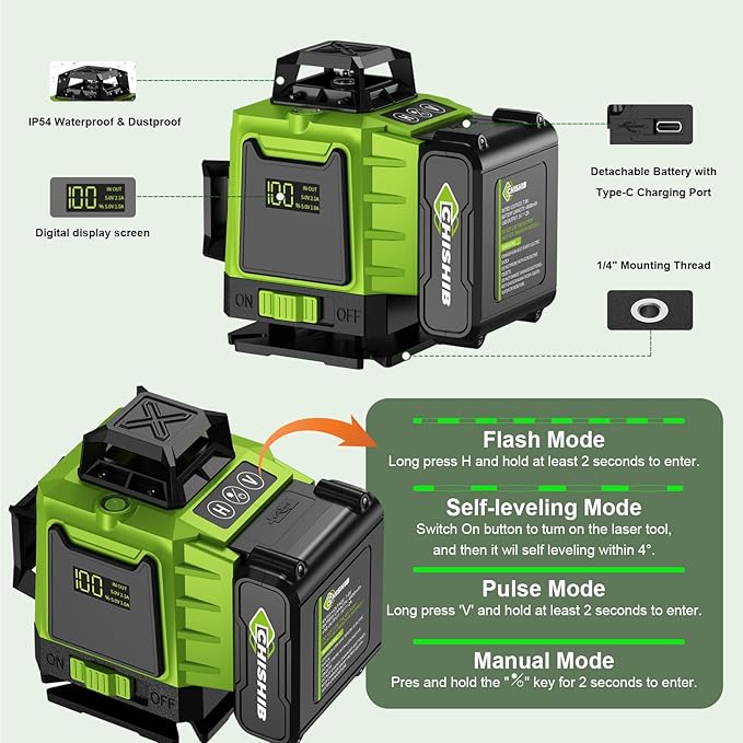 16 Lines Green Laser Level Kit -4x360° 4D Self-Leveling Cross Line Laser Level, Rotary Base and Accessories for Construction, Home Improvement and Picture Hanging,Portable Hard Carry Case Included…