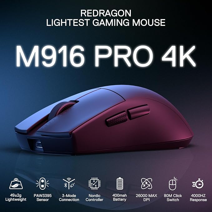 Redragon M916 PRO 3-Mode Wireless Gaming Mouse, Hype-Speed 4K Polling Rate, 49G Ultra-Light 26K DPI Mouse w/Ergonomic Natural Grip Build, Redefinable Macro Buttons, Software Supported