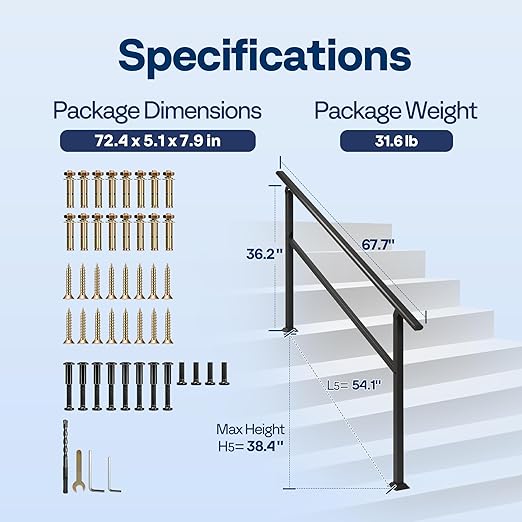 VIVOHOME 2-Pack 5 Step Hand Rails for Outdoor Steps, Galvanized Steel Railing, Black Oval Exterior Hand Railing for Porch, Deck, or Indoor Stairs, Railing Kit