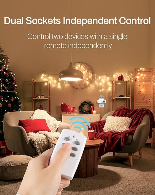 HBN Wireless Remote Control Outlet with 2 Individual Switch Control, Compact Design Sockets Plug Up to 100ft Remote Range, Battery Included, 15A/1875W, ETL Certified