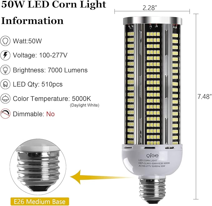 LED Corn Light Bulb 600W Equivalent 7000 Lumen 5000K Daylight White 50W E26/E27 Medium Base Non-dimmable Corn Lighting for Home Garage Warehouse Indoor LED Corn Bulbs Pack of 2