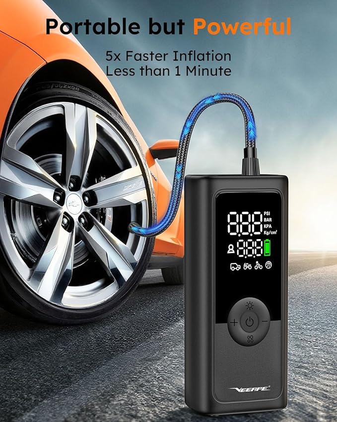 VEEAPE Tire Inflator Portable Air Compressor, 6X Faster Cordless Car Tires Air Pump with Auto-Shutoff Digital Pressure Gauge LED Light Portable Air Pump Tire Inflator for Car, Bike, Motorcycle, Ball