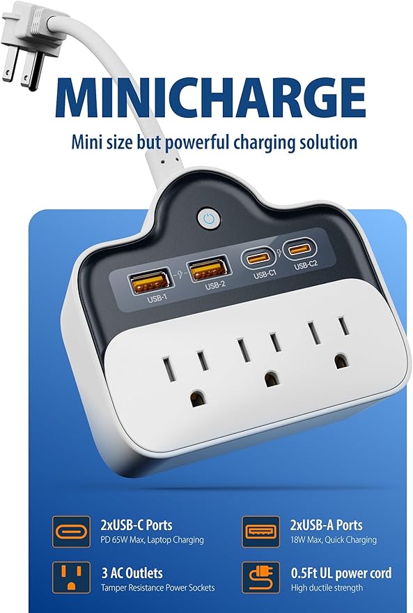 Wall Power Strips 65W USB-C Outlet Extender, Surge Protector Splitter 6 Inch Short Extension Cord, Multi Plug Wall Outlets with 4 USB Ports, 3 AC Outets, Power On/Off Switch (1)