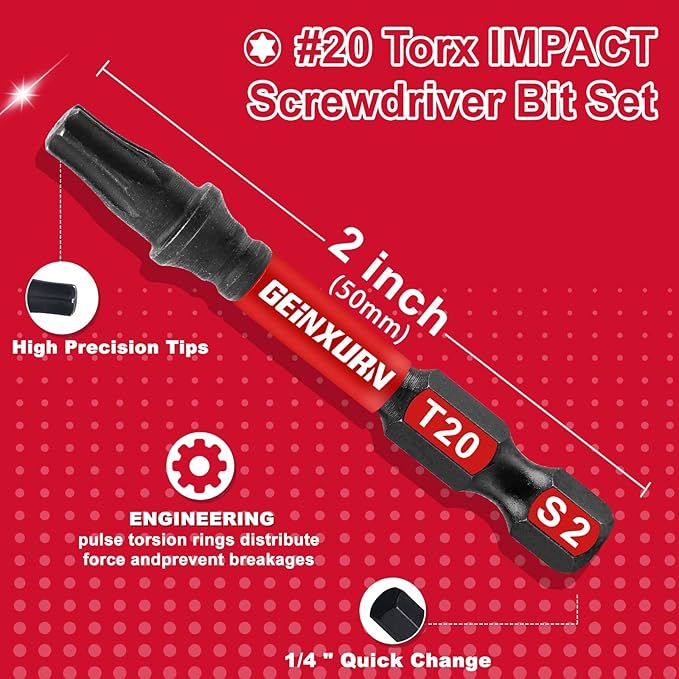 10Pieces 2 In. T20 Impact Tough Magnetic Screwdriver Bit Set, #20 Torx Head Power Bits, S2 Alloy Steel Star Bits with Storage M-Box