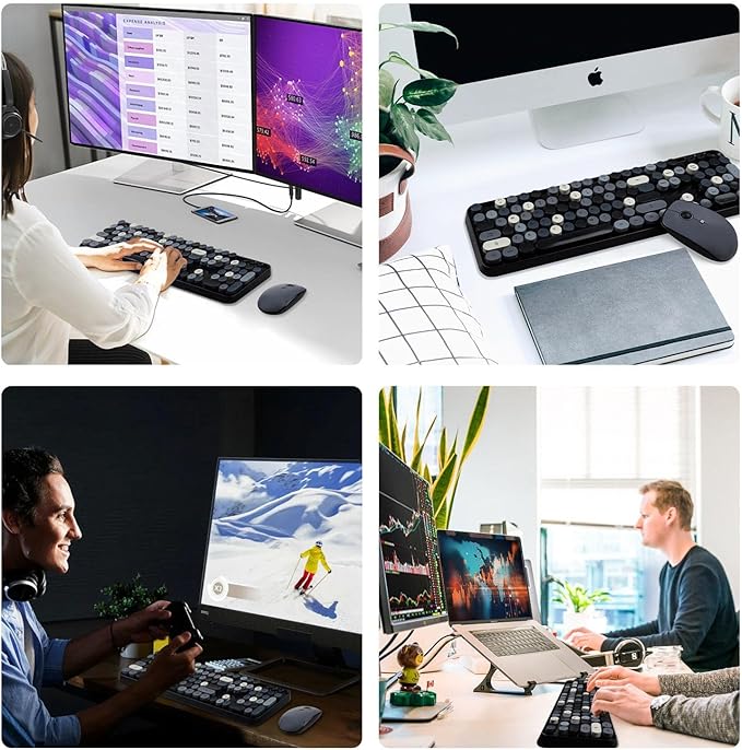 LETTON Wireless Keyboard Mouse Combo, 2.4GHz Typewriter Keyboard Wireless, Colorful Full Size Office Computer Retro Keyboard and Cute Mouse with 3 DPI for Mac PC Desktop Laptop-Black Grey