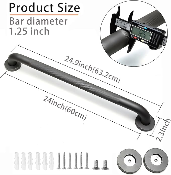Shower Grab Bar, 2 Pack 24 Inch Gray Bathroom Grab Bar, 1.25" Diameter 304 Stainless Steel Anti-Slip Grab Bars for Bathtubs and Showers, Handicap Shower Grab Bar for Seniors Elderly