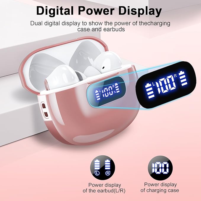 Wireless Earbuds, Bluetooth 5.3 Headphones LED Power Display, 2025 New Wireless Earphones, 4 ENC Noise Cancelling Mic, HiFi Stereo, 48H Playtime Mini Case IP7 Waterproof for iOS Android