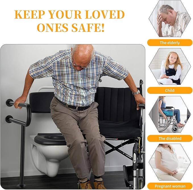 Toilet Grab Bar 31.3 Inch with Leg, YuanDe Matte Black Wall Mounted Safety Bar, Stainless Steel Anti-Slip Bathroom Support Rail for Elderly Disabled Pregnant