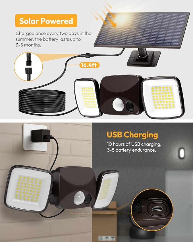 Ultra-Long Battery Life Solar Motion Lights Outdoor, USB & Solar Charging, Rechargeable Battery Operated Lights 3–5 Months Endurance, Perfect for Winter & Rainy Days, Yard, Patio, Backyard (1 Pack)