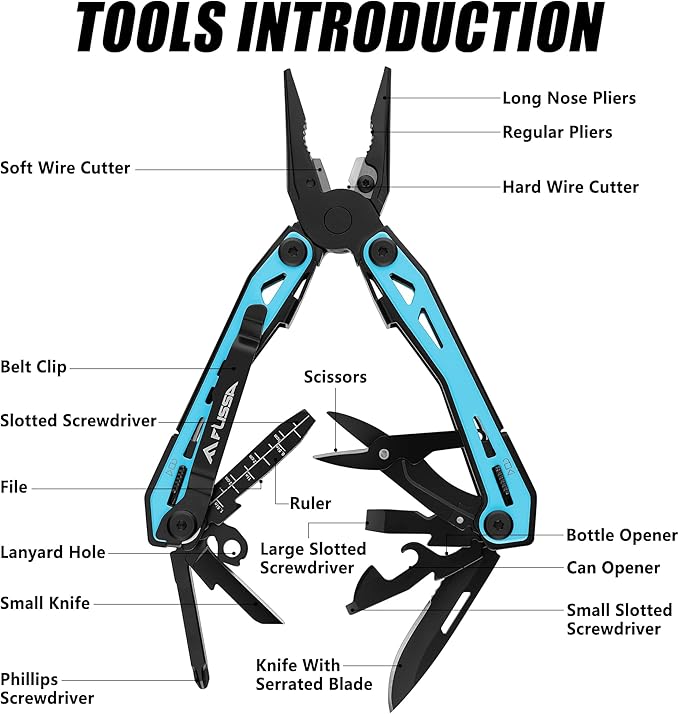 FLISSA 16-in-1 Multi Tool Pliers, Gifts for Men, Stainless Steel EDC Multitool with Pocket Knife, Belt Clip and Oxford Pouch, Self-locking Multipurpose Utility Multi-Tool for Camping Survival Outdoor