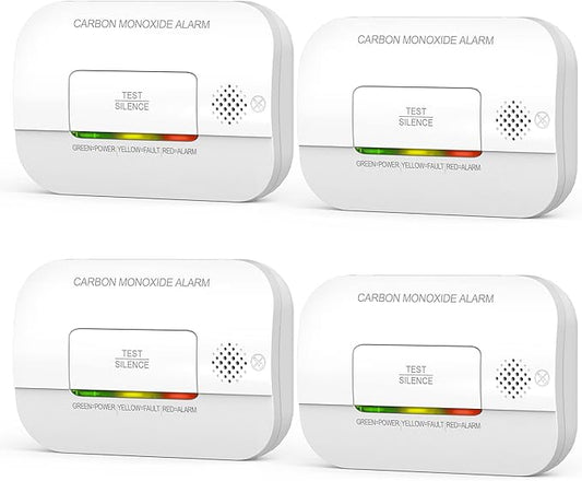 Carbon Monoxide Detector, 7 Year Sensor Life CO Detector with Battery Warning Indicator and Test Button, 85 dB, for Ceiling and Wall Mounting, White (4 Pack)