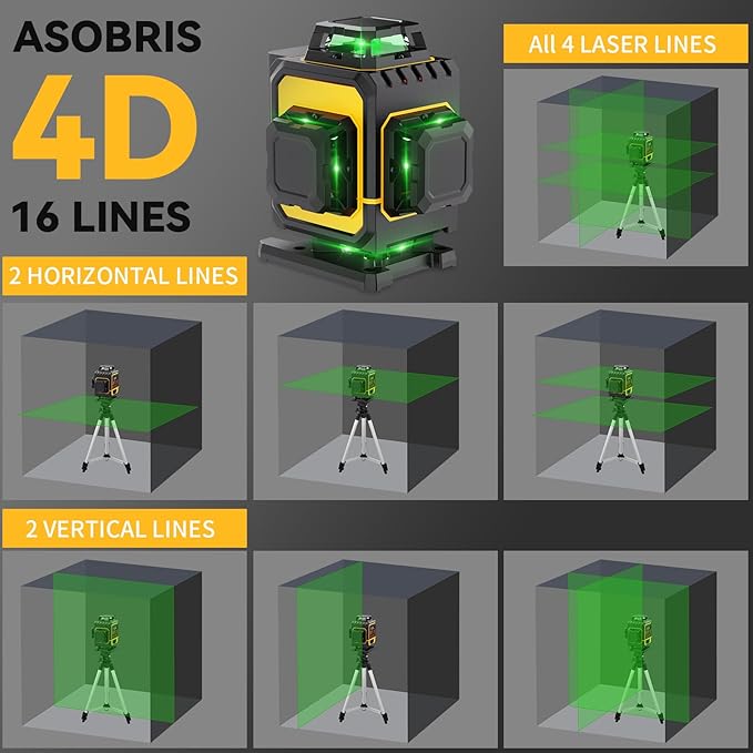 Laser Level 4x360° Self Leveling with Tripod & LCD Touch Screen, 4D Lazer Leveler Tool Green Cross Lazer Level Line Laser with 2x2400mAh Rechargeable Battery for Constuctions, Picture Hanging Indoor