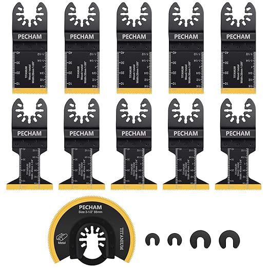 PECHAM 11PCS Titanium Oscillating Saw Blades, Universal Oscillating Multitool Blades Metal Cutting Quick Release for Hard Material Metal Nails Wood Plastic fit Dewalt Rockwell Milwaukee Makita Bosch
