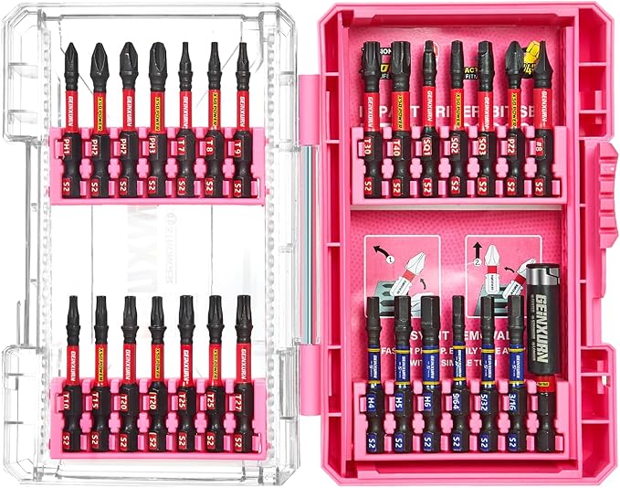 28Pieces Impact Screwdriver Bits Set, Magnetic S2 Steel Phillips/Slotted/Square/Torx Insert Power Bits Tips, Impact Bit Holder with Pink Storage Box Case