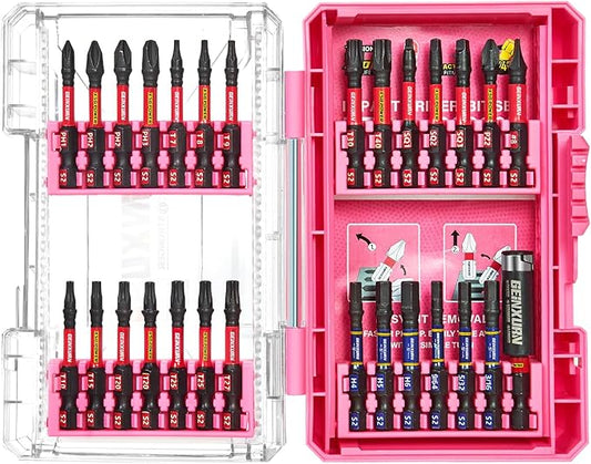 28Pieces Impact Screwdriver Bits Set, Magnetic S2 Steel Phillips/Slotted/Square/Torx Insert Power Bits Tips, Impact Bit Holder with Pink Storage Box Case