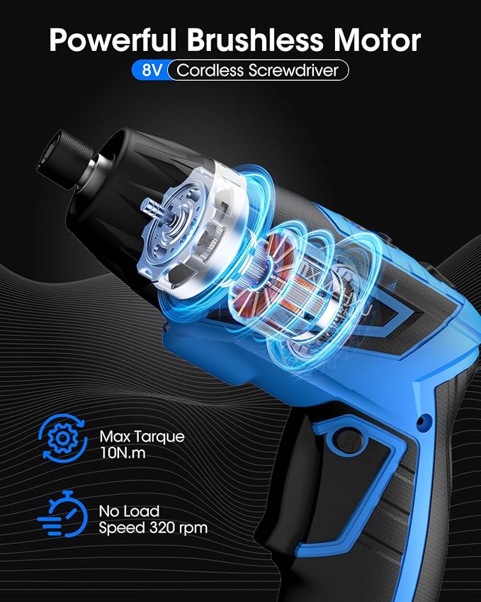 8V Cordless Screwdriver,6+1 Torque Max 10N·m Electric Power Screwdriver with 47 Accessories,180°Pivoting Handle, 2000mAh Rechargeable Screw Gun&Bit Set with LED Light, Flexible Shaft,for Home,Office