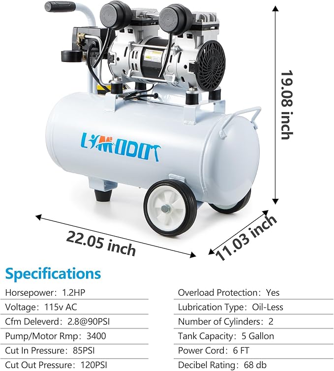 Quiet Air Compressor, Only 68dB, 5 Gallon Steel Tank, 2.8CFM @ 90PSI, Oil-Free, Electric Air Compressor Perfect for Woodwork Nailing, Garage, Car, Pneumatic Tool, Includes 11 Accessories