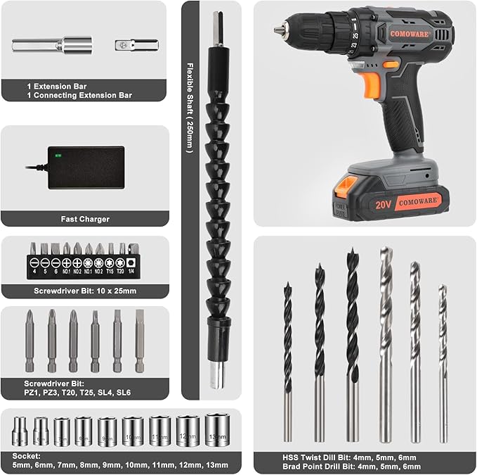 COMOWARE Cordless Drill Set, 20V Electric Power Drill Set,1 Battery & Charger, 3/8" Keyless Chuck, 2 Variable Speed, 266 In-lb Torque, 25+1 Position, Orange