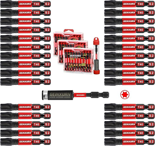 30Pieces 2 In. T40 Impact Tough Magnetic Screwdriver Bit Set, #40 Torx Head Power Bits, S2 Alloy Steel Star Bits with 1Pc Impact Bit Holder and Storage M-Box