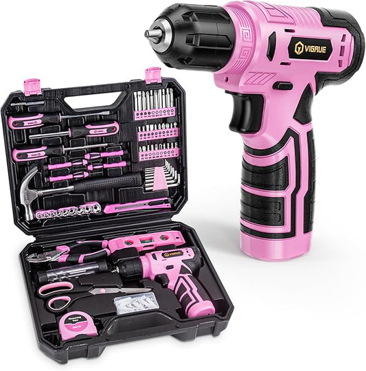 VIGRUE Tool Set with 8V Cordless Drill, Tool Kit with Drill, ToolBox for Men & Women, Home Hand Drill Set for Handyman, DIY (pink) 278 PCS