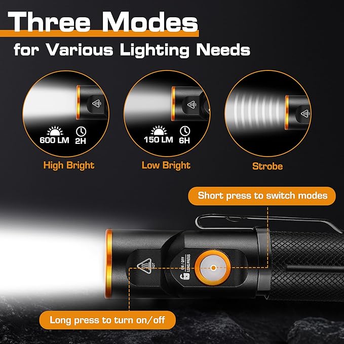 EverBrite 600 Lumens Pocket Flashlight, 90 Degree Tactical Pen Light with Magnet, Type-C Rechargeable with 3 Modes for Night Working, Outdoor, Camping, Emergency