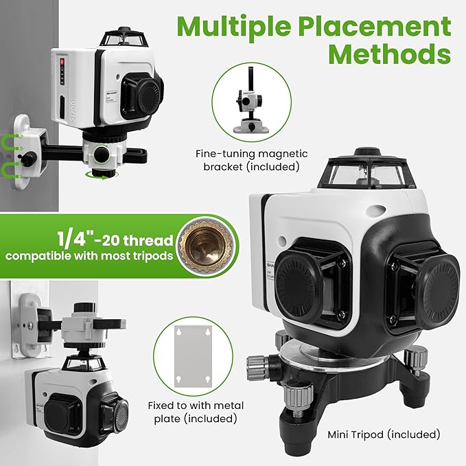 Laser Level 360 Self Leveling, 3x360° Green Cross Line Lazer Leveler Tool for Construction and Picture Hanging, 3D 12 Lines Laser with 2*6000mAh Rechargeable Battery Magnetic Rotating Bracket