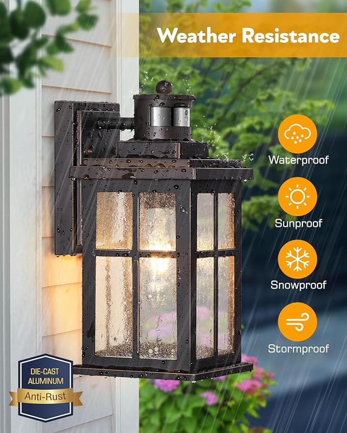 VIANIS Motion Sensor Exterior Lighting Fixtures for House, Oil Rubbed Bronze with Gold Trim Dusk to Dawn Outdoor Porch Light, Waterproof Outdoor Garage Lights Wall Mount, Outside Wall Sconce for Coach