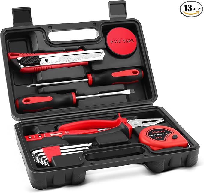 13 Piece Tool Kit, Small Hand Tools for Men Women, Mini Tool Set for Home with Plastic Tool box for Household, Repair, All Purpose