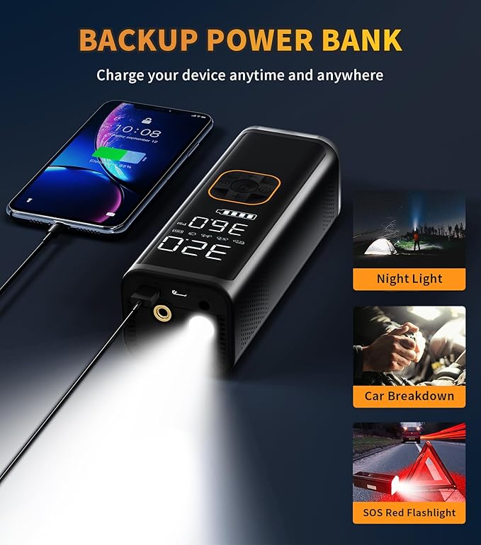 Tire Inflator Portable Air Compressor,12V DC Truck Air Pump for Car Tires,150PSI Portable Air Compressor with Pressure Gauge/LED Light,20000MAH Portable Tire Inflator for Car, Moto, Bike(Black)