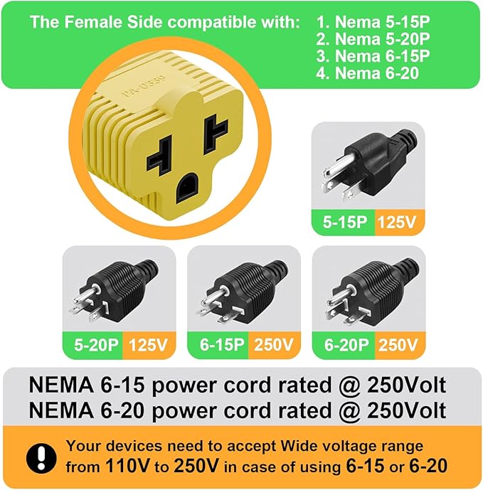 4-in-1 15 Amp to 20 Amp T Blade Adapter, 5-15P to 5-20R, 6-15R, 6-20R, Yellow, 2 Pack