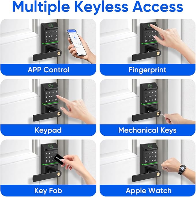 Keypad Smart Door Lock with Handle, Keyless Entry Deadbolt for Front Door, Smart Auto Lock Deadbolt with Phone/Watch App Control, Biometric Fingerprint Gate Handle with 7 Ways to Unlock