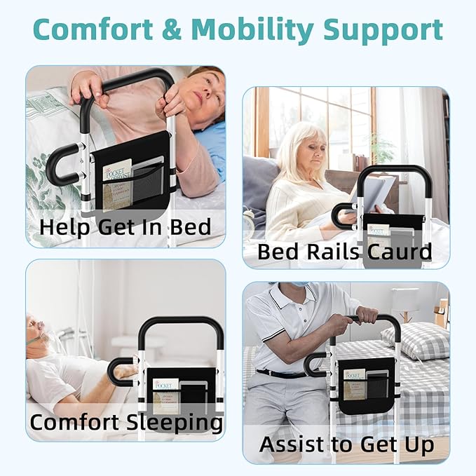 Bed Rails for Elderly Adults Safety - Adjustable Bed Assist Rails for Full Size Bed, Portable Bed Cane for Seniors With Storage Pocket, Hold Up to 300 Lbs, Easy Setup, Bedside Safety and Stability