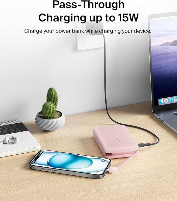 Belkin Portable Charger, Power Bank with Integrated Cable 10000 mAh 20W - Fast Charge USB C Power Delivery, iPhone Charger - iPhone 16 Series, iPad Pro, Galaxy S25, & More - Pink