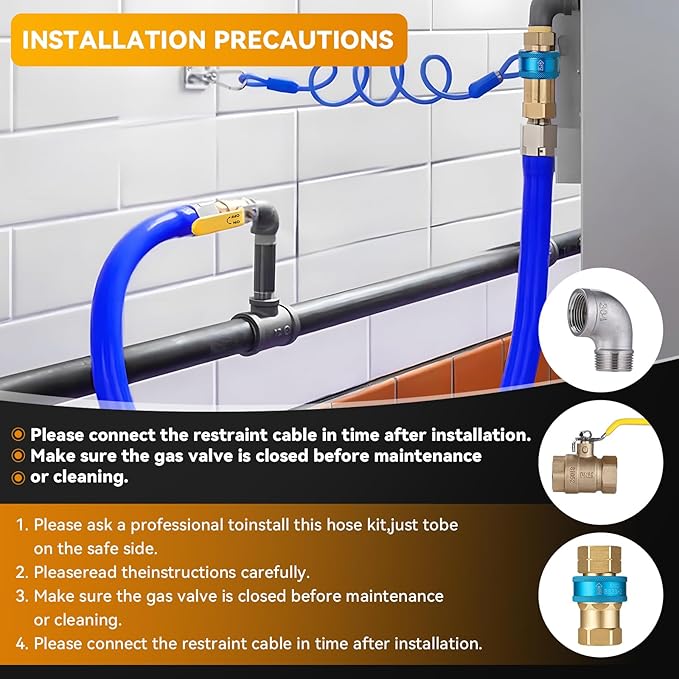 1675kit48 Safety System Kit, Commercial 48" Gas Hose Connector Kit with 3/4" Quick Disconnect and 2 Elbows,Gas Hose for Kitchen Equipment Commercial Standard Gas Connector, Full Port Valve