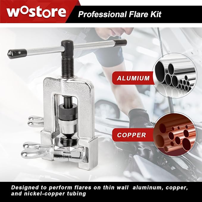 Wostore Professional Brake Line Flare Kit for Single, Double (SAE) Flares & Bubble (ISO) Flares with Tubing Cutter Pipe Reamer for 3/16-5/8" 7 Sizes