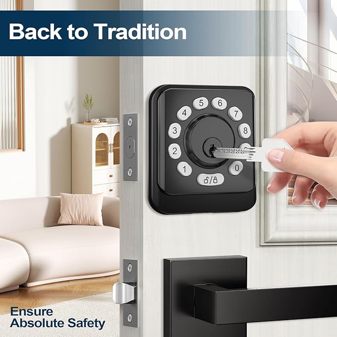 GEONFINO Keyless Entry Door Lock with Keypad, Smart Deadbolt for Front Door, Black Door Lock with 2 Keys, Keypad Deadbolt with Easy Installation